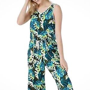 Cuddl Duds Blue & Green Tropical Sleeveless Jumpsuit